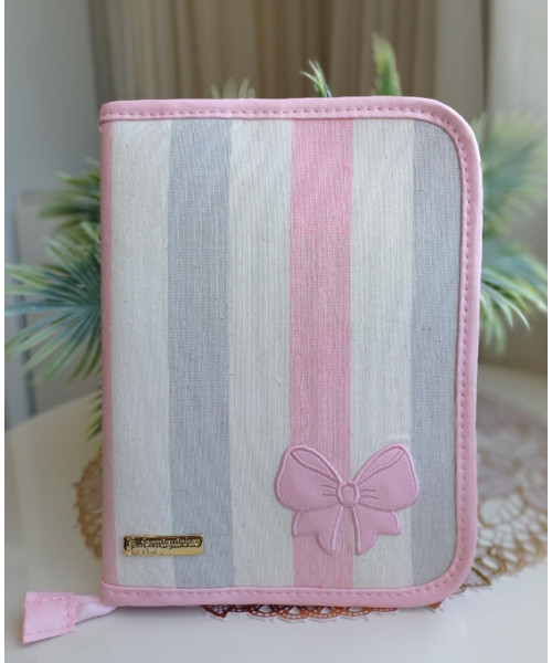 PORTA DOCUMENTOS E VACINA LUXO (2 em 1)- Linho Tricolor Rosa