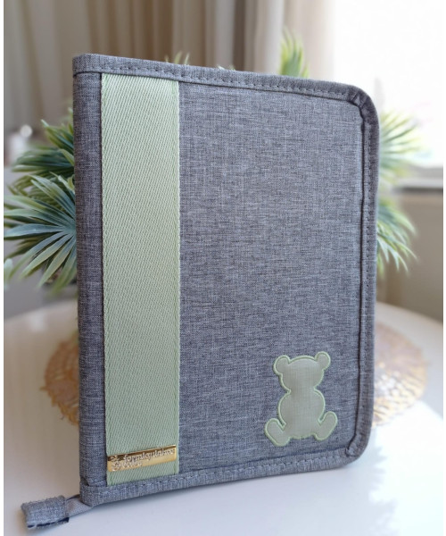 PORTA DOCUMENTOS E VACINA LUXO (2 em 1)- Linho Cinza Sintético com Verde Claro