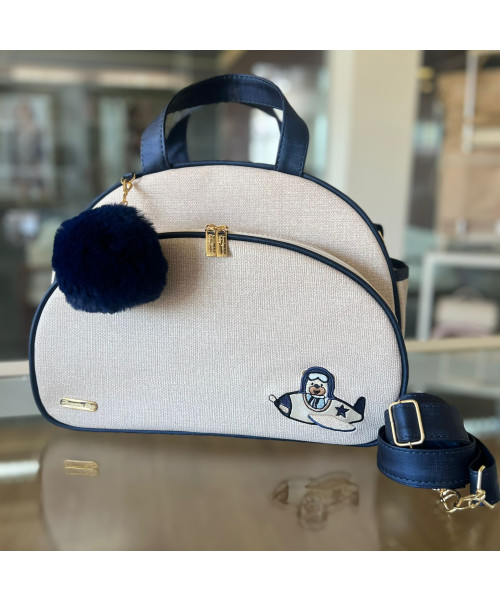 BOLSA M POP - Linho Bege Emborrachado com Azul Marinho