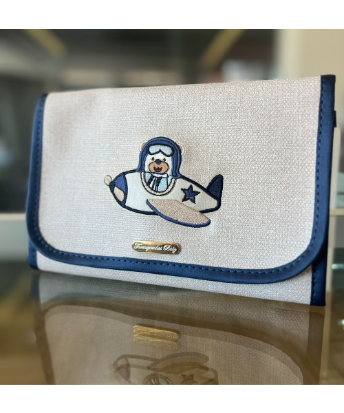 PORTA DOCUMENTO E VACINA POP - Linho Bege Emborrachado com Azul Marinho