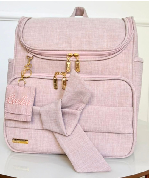Mochila 3x1 térmica - Linho Rosê com detalhe em nó + Enfeite com nome